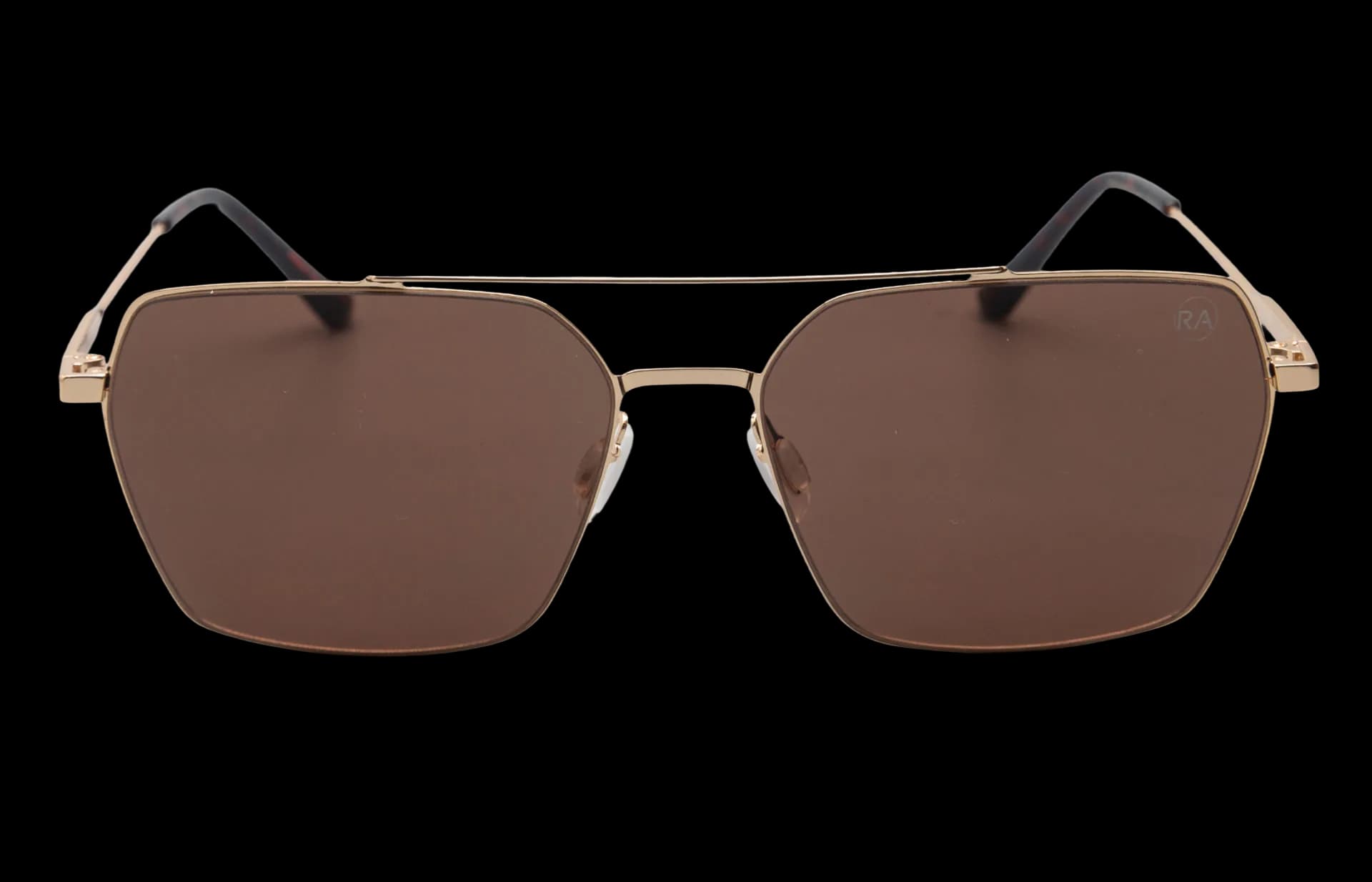 A pair of brown-tinted, square-framed aviator sunglasses with a gold-tone metal frame against a white background.